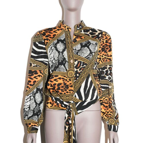 Animal Print Long Sleeve Wrap Blouse Top Womens Evening Chic Medium - Picture 1 of 2